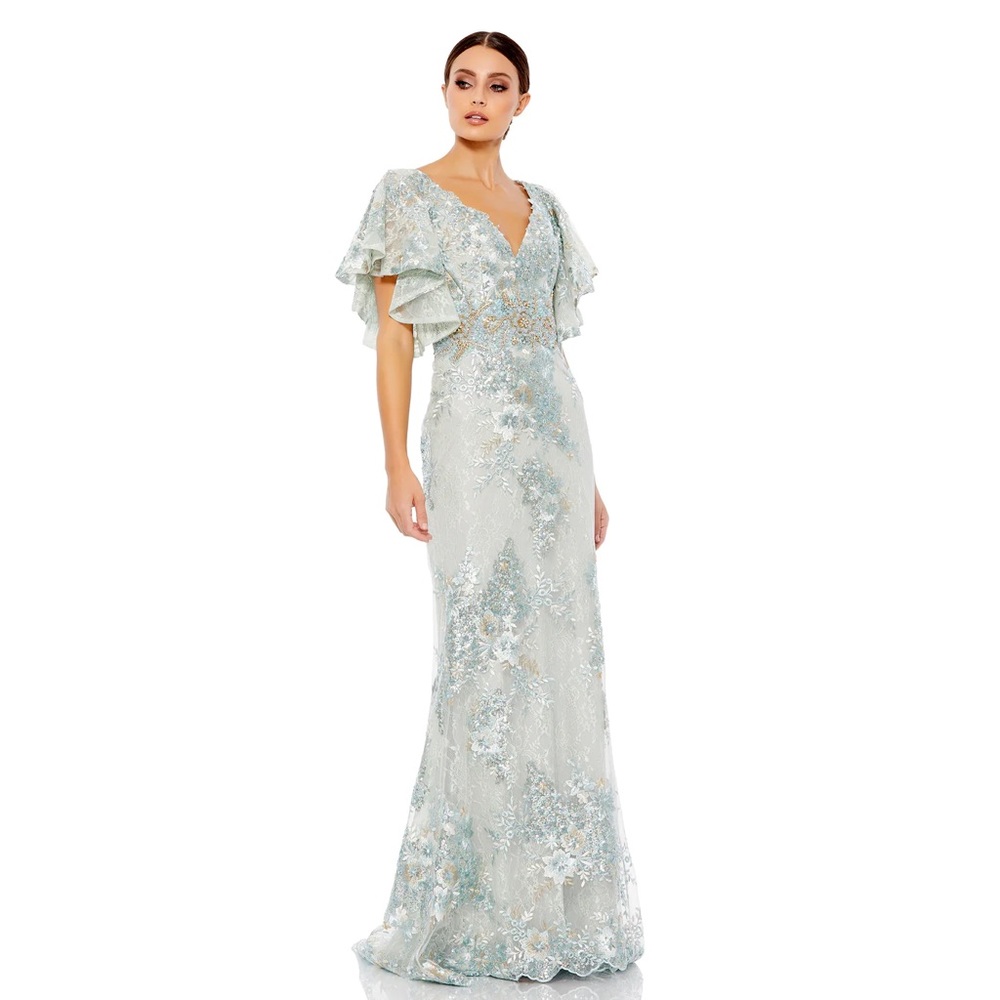NWT MAC DUGGAL Bell Sleeve Floral Embellished Gown in Seafoam